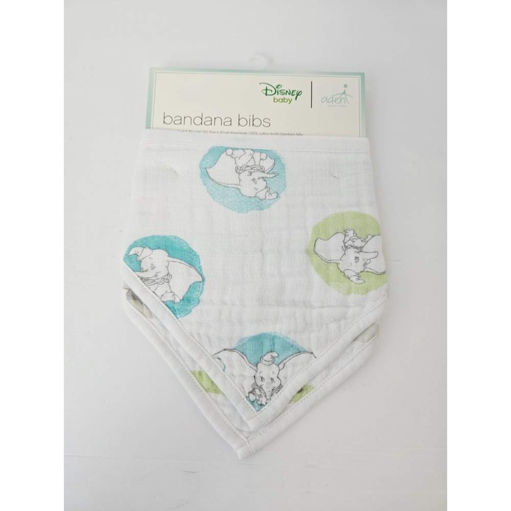 NWT Aden + And Anais Disney Baby Dumbo Elephant 2 PK Cotton Muslin Snap Bibs